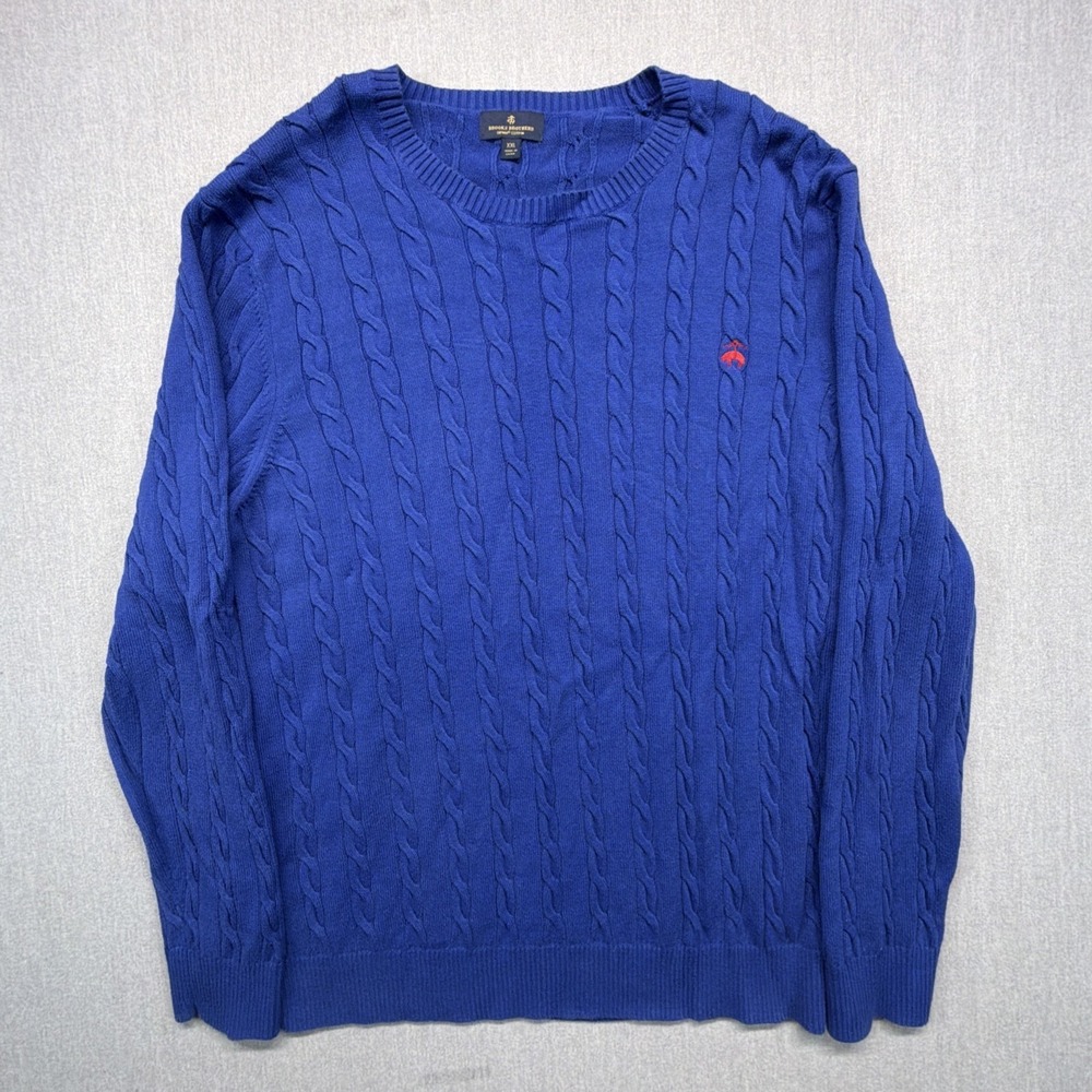 Brooks Brothers Sweater Men 2XL Blue Cable Knit Crew Neck Pullover Supima Cotton